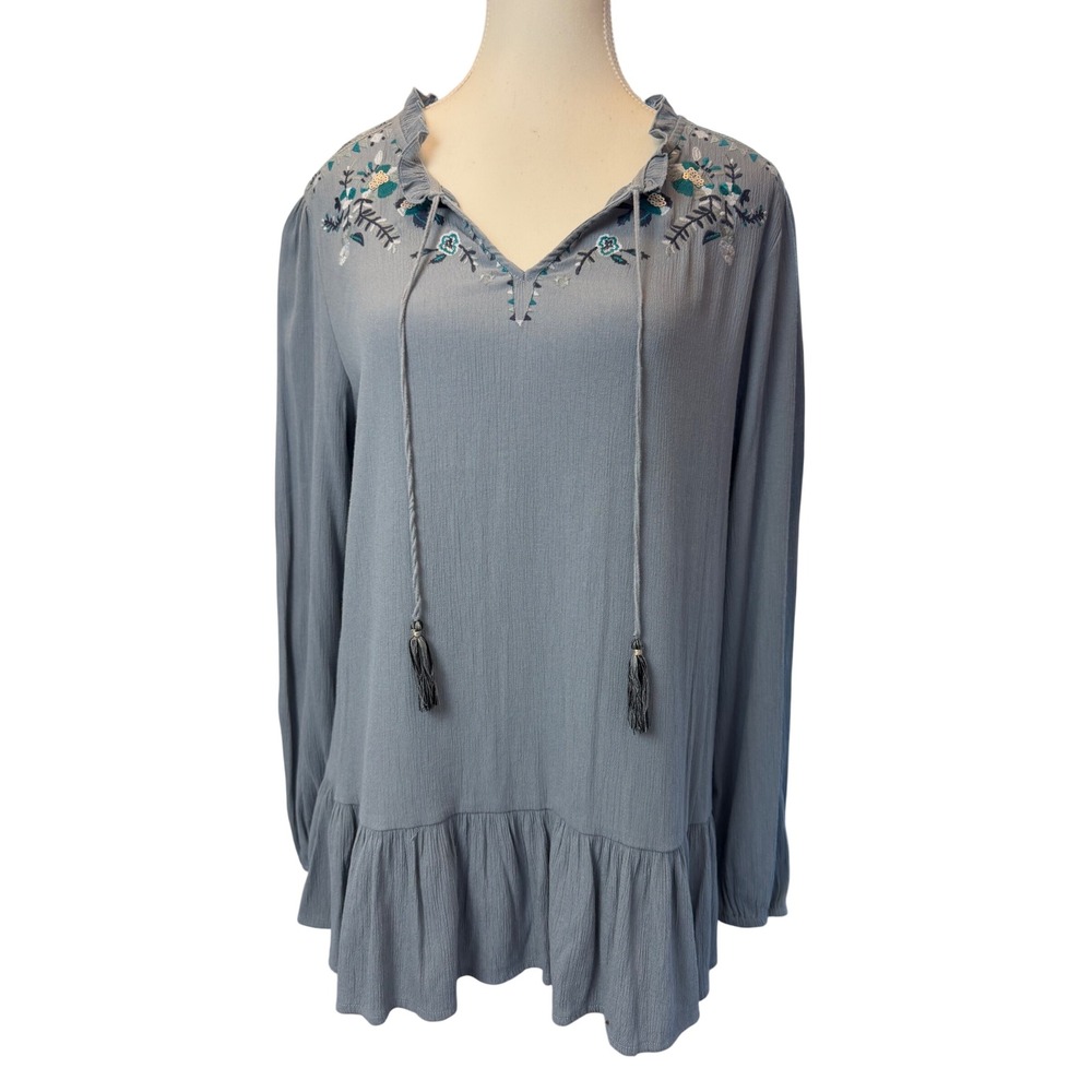 Knox‎ Rose Women Blue Floral Embroidered Tassel Peplum Blouse Top Size L